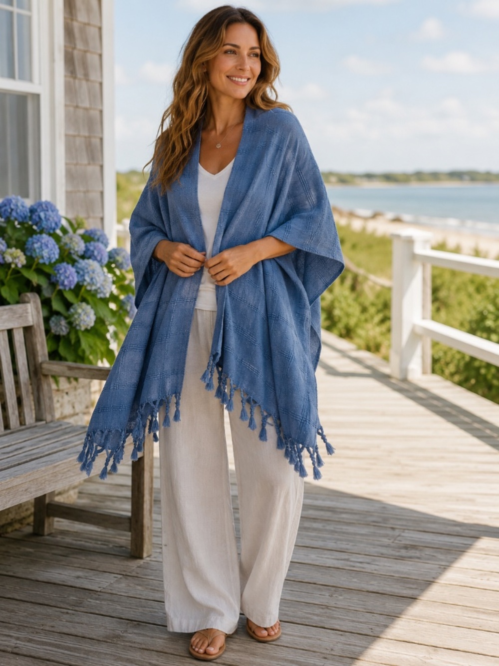 100% Turkish cotton blue open shawl/kimono/wrap beach boho One Size Fringes